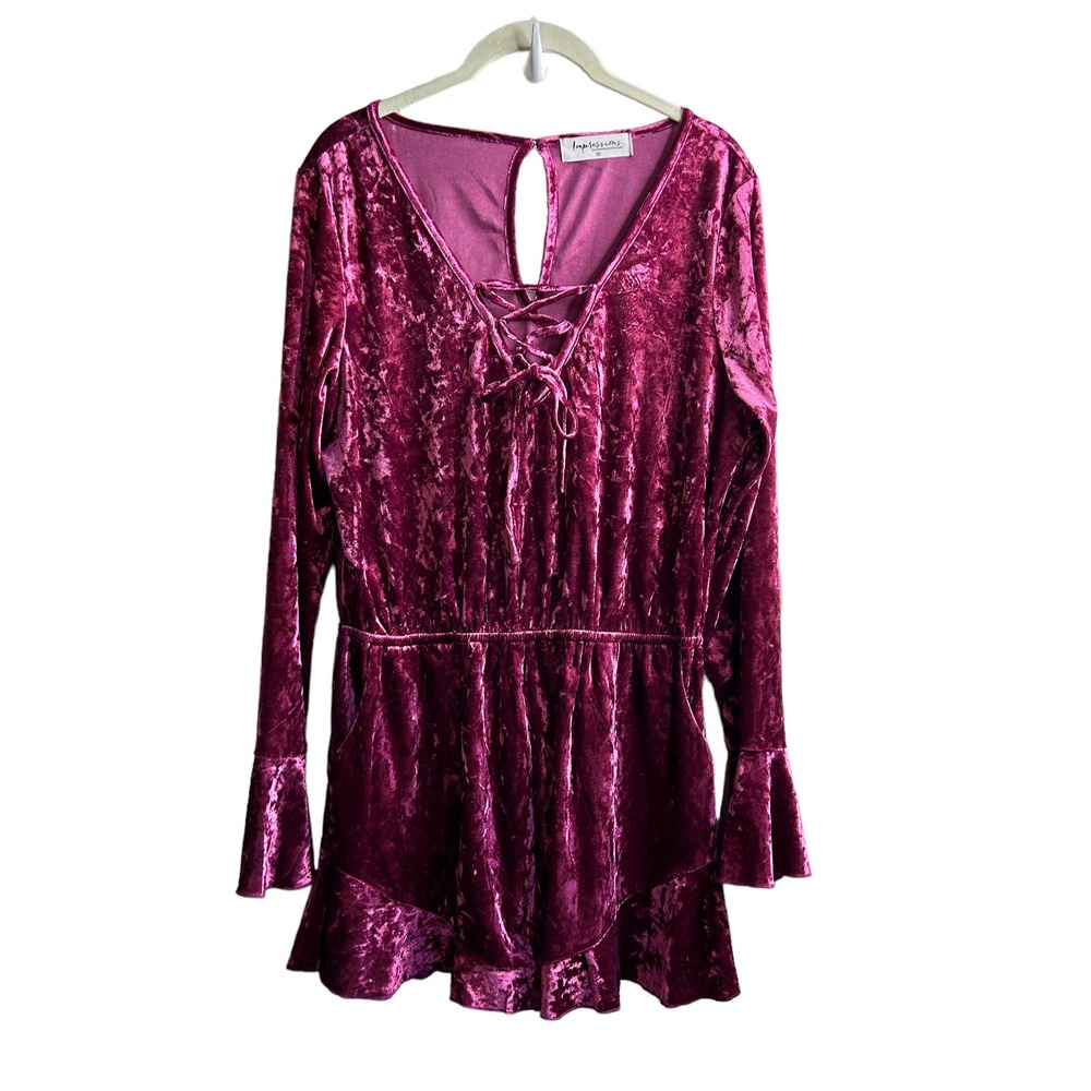 Impressions Soft Pink Purple Crush Velvet Ruffle Boho 70s Festival Romper Medium